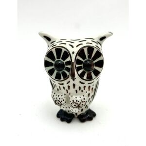 Artist Signed White Ceramic Owl Figurine with Black Accents by Bibi